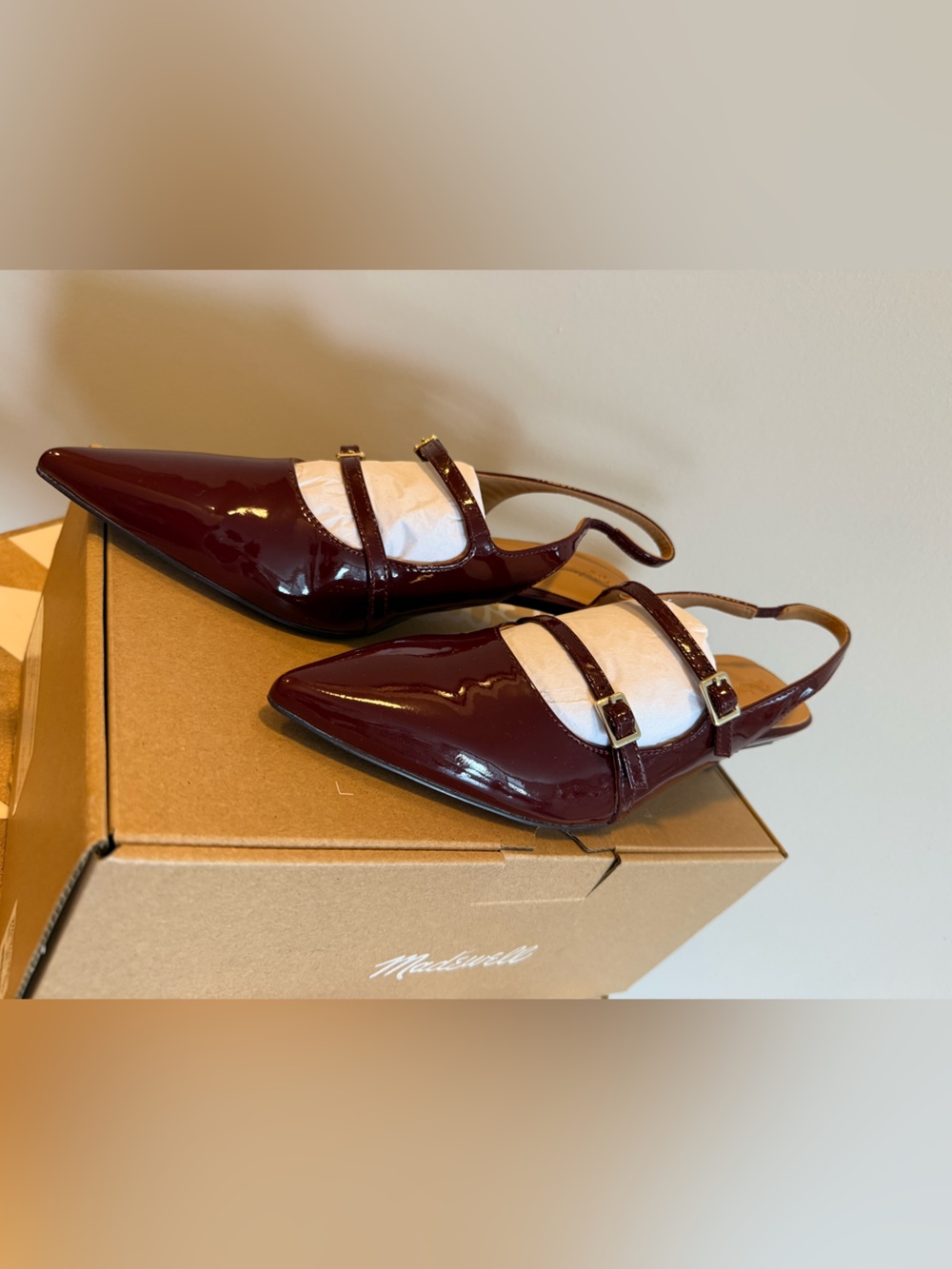 Madewell Women's Burgundy Pointed Patent Leather Slingback Heels / Size 9 - Picture 5 of 10